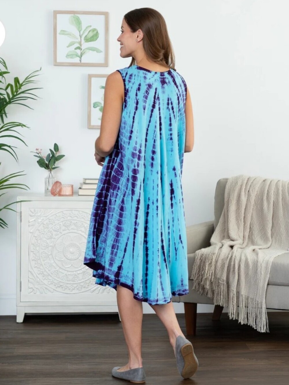 Just Cruising Sleeveless Tie-Dye V-Neck Beach Dress Aqua & Purple Rayon Breezy - Picture 4 of 14